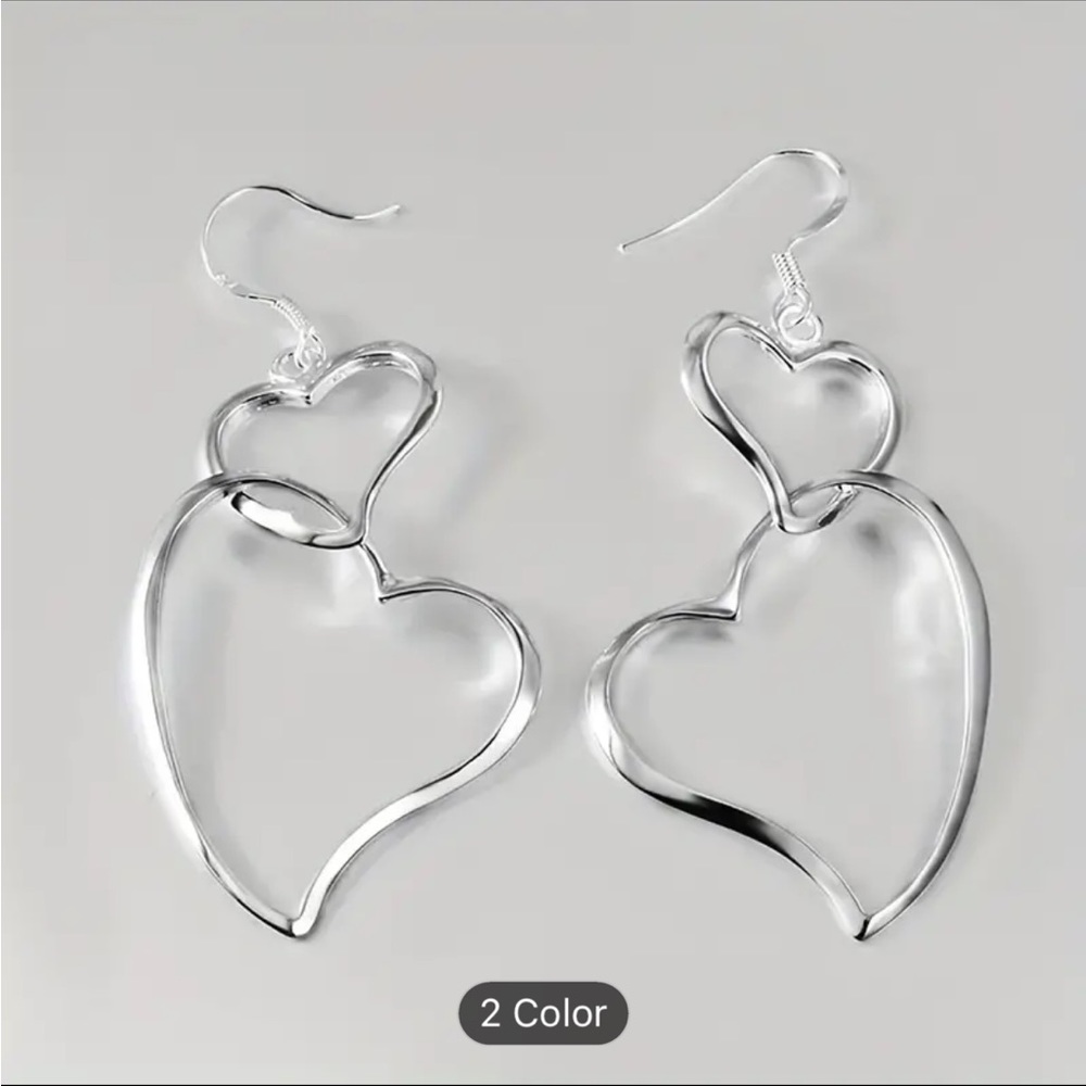 dainty silver tone dangle double heart earrings